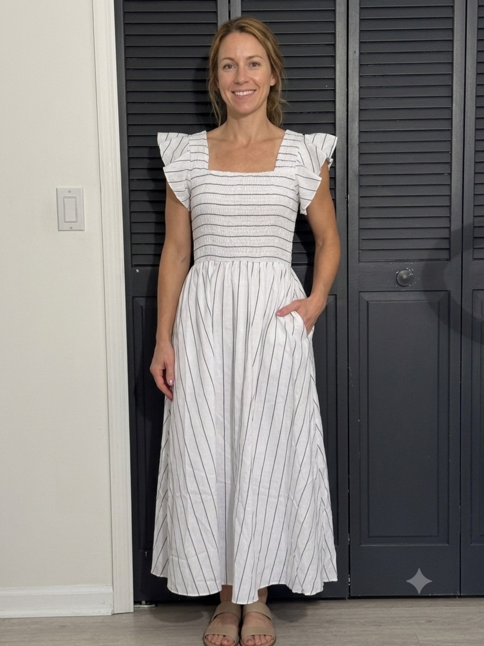 Simplee White Black Striped Smocked Midi Dress Linen Blend Flutter Sleeve Small